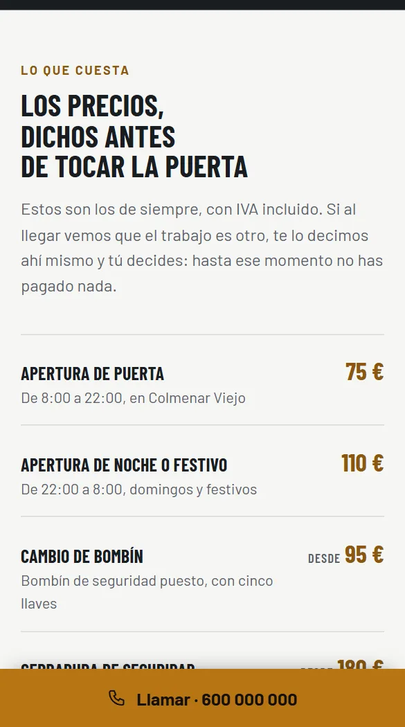 La misma web en un móvil, en la tarifa: cada trabajo con su precio y el botón de llamar fijo abajo