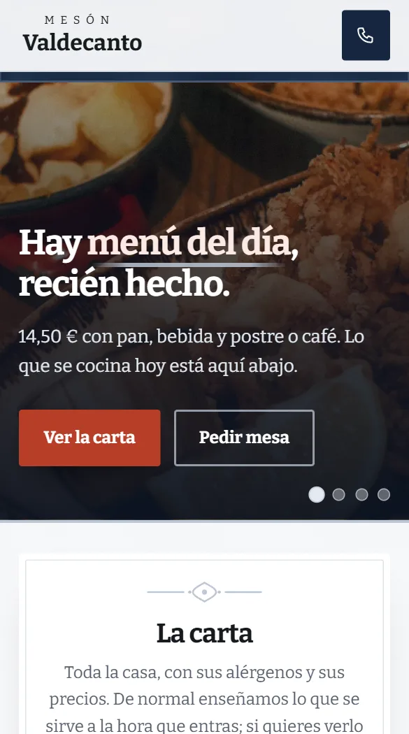 La misma web en un móvil: la portada del mesón, con el menú del día a 14,50 € y los botones de ver la carta y pedir mesa