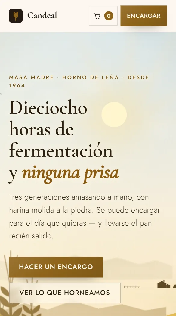 La misma web en un móvil: la portada del obrador, con los botones de hacer un encargo y ver lo que hornean