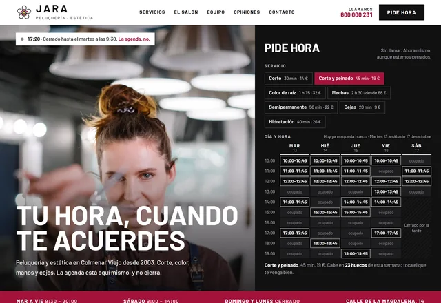 Web de ejemplo de una peluquería, con la cita previa dentro de la web
